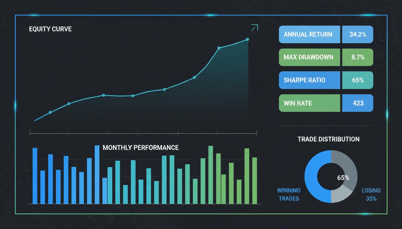 Backtest results dashboard with equity curve and trade-by-trade audit